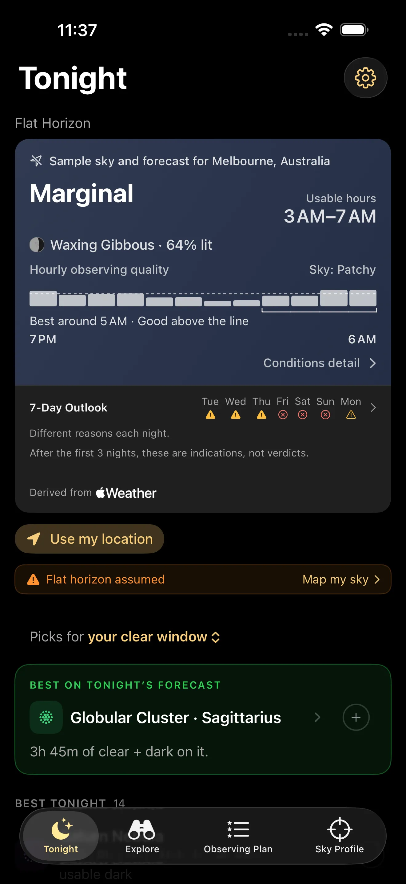 Caelo's Tonight card on an example night with sample sky and forecast for Melbourne, Australia. The verdict reads Marginal, with usable hours 3 AM to 7 AM, a waxing gibbous moon 64% lit, and Sky: Patchy above a row of hourly quality bars. Below, a 7-Day Outlook shows one icon per day, and a credit line reads Derived from Apple Weather.